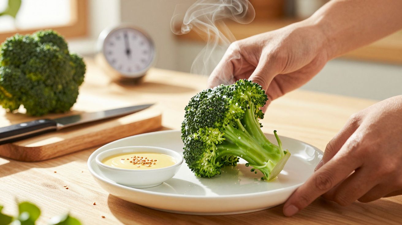 Persona colocando brócoli al vapor en un plato blanco junto a una salsa en una cocina iluminada.