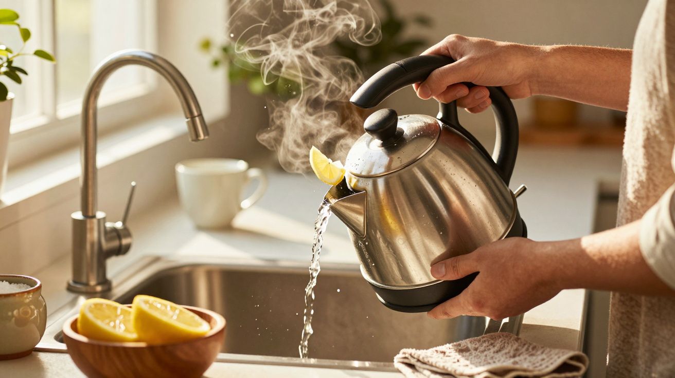 Manos vertiendo agua de un hervidor en el fregadero; vapor visible y rodajas de limón en primer plano.