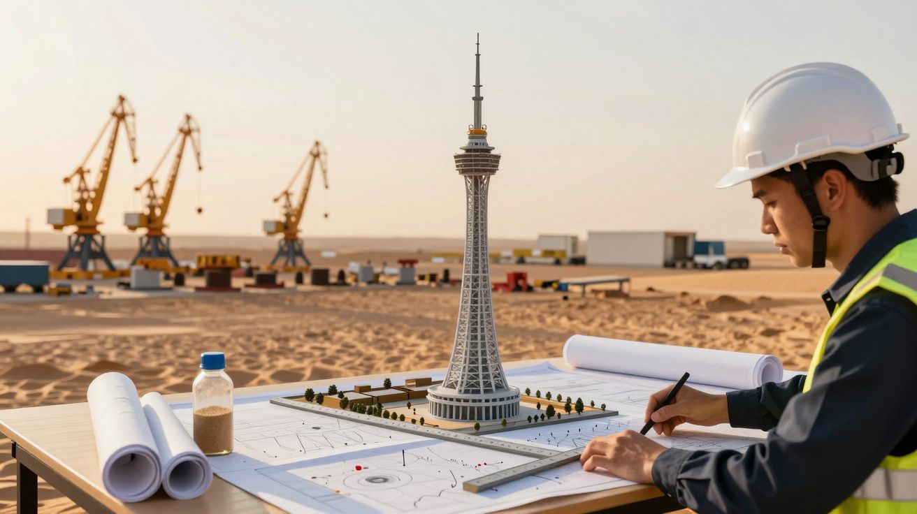 Ingeniero con casco estudia planos y maqueta de torre en un desierto con grúas al fondo.
