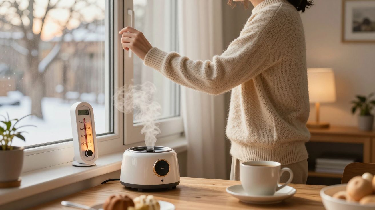 Mujer abriendo ventana junto a humidificador emitiendo vapor; taza de café y termómetro en la mesa.