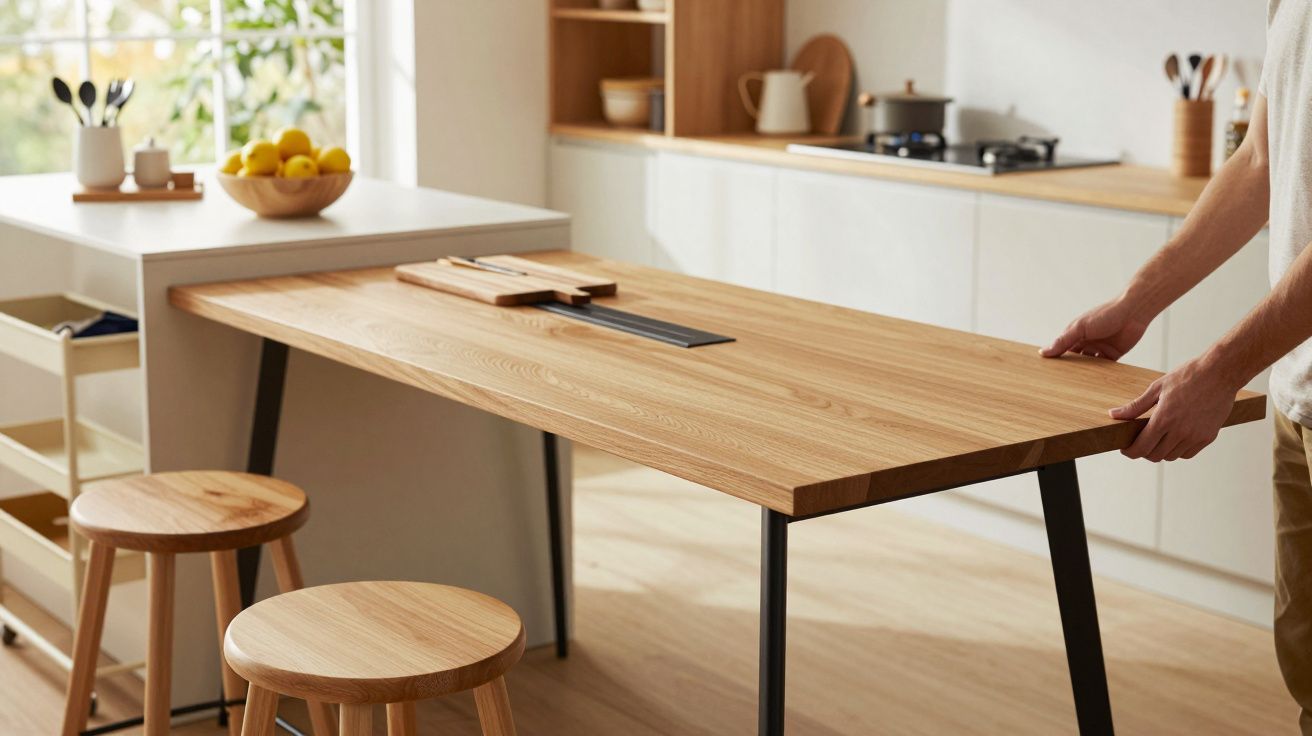 Cocina moderna con encimera de madera, taburetes y mesa ajustable, decorada con frutas y utensilios de cocina.