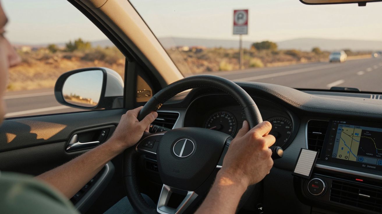 Persona conduciendo un coche en una carretera despejada con GPS visible en el salpicadero.