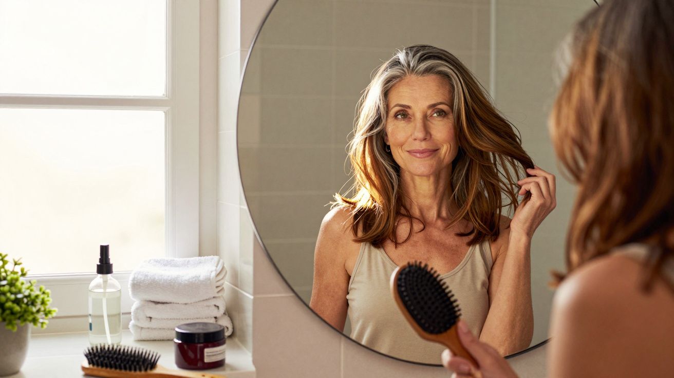 Mujer frente al espejo cepillando su cabello, con artículos de tocador y toallas en la repisa frente a una ventana.