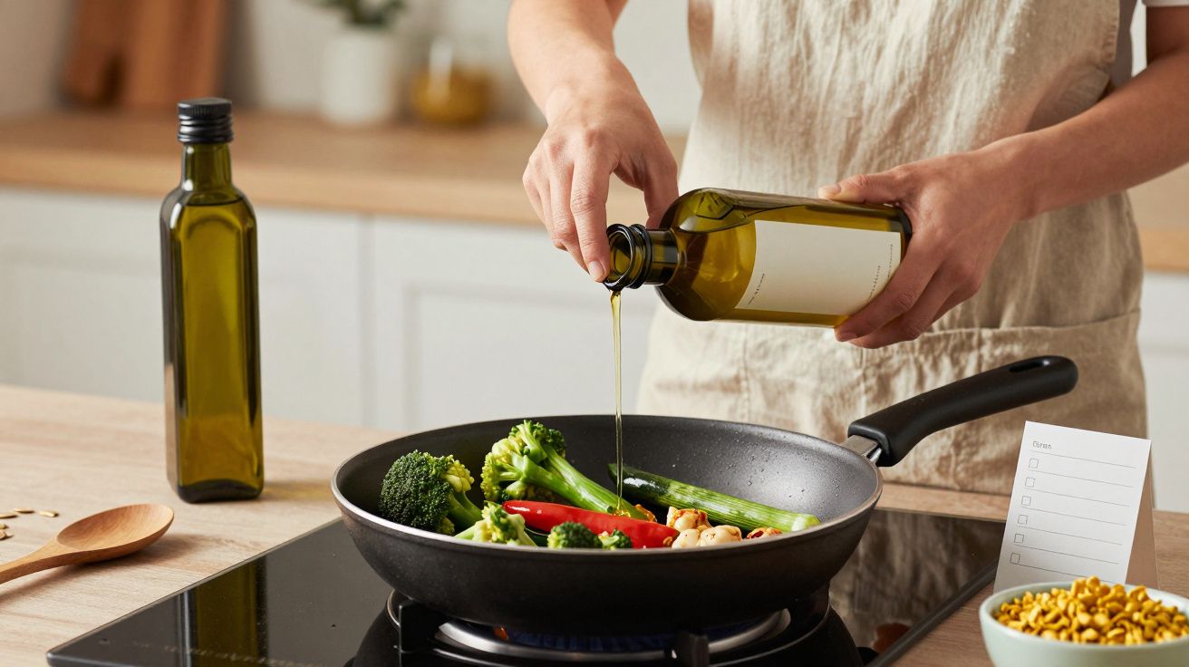Persona cocinando verduras en sartén, vertiendo aceite de oliva de una botella, con utensilios y especias alrededor.
