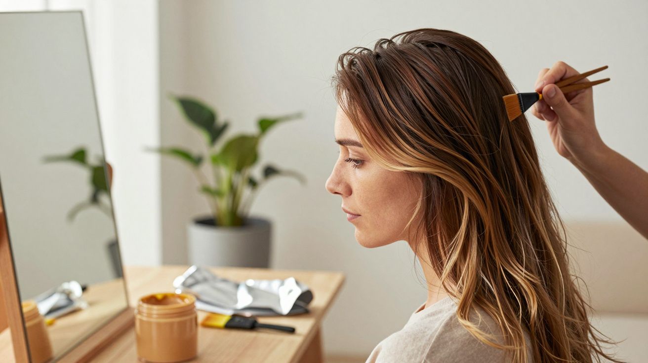 Mujer con melena castaña siendo peinada frente a un espejo, con una planta de fondo y productos de belleza en la mesa.