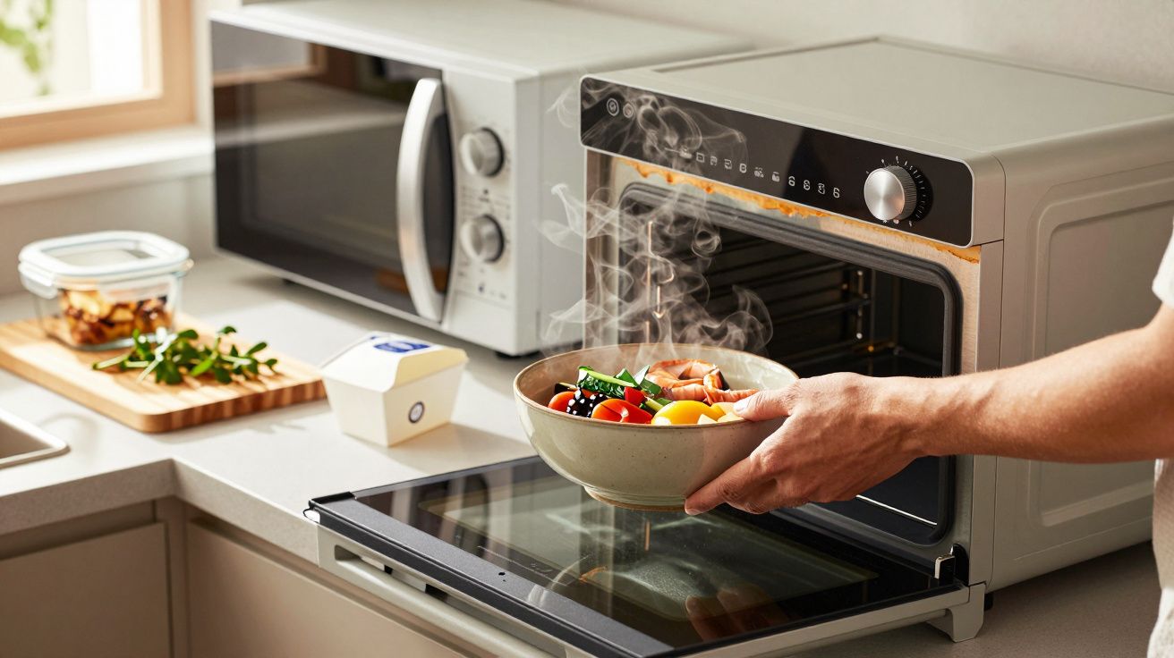 Horno moderno con un plato humeante de verduras recién horneadas en una cocina luminosa.