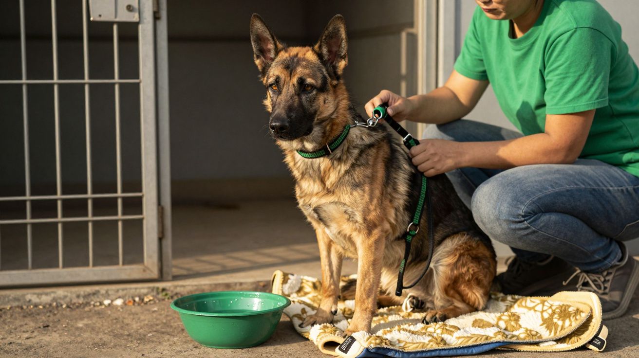 Pastor alemán sentado en una manta con una persona al lado. Hay un cuenco verde en el suelo.