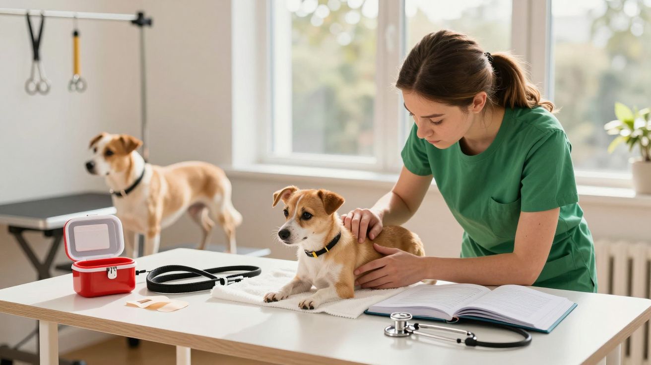 Veterinaria examinando a un perro pequeño sobre una mesa en una clínica, con otro perro en el fondo.