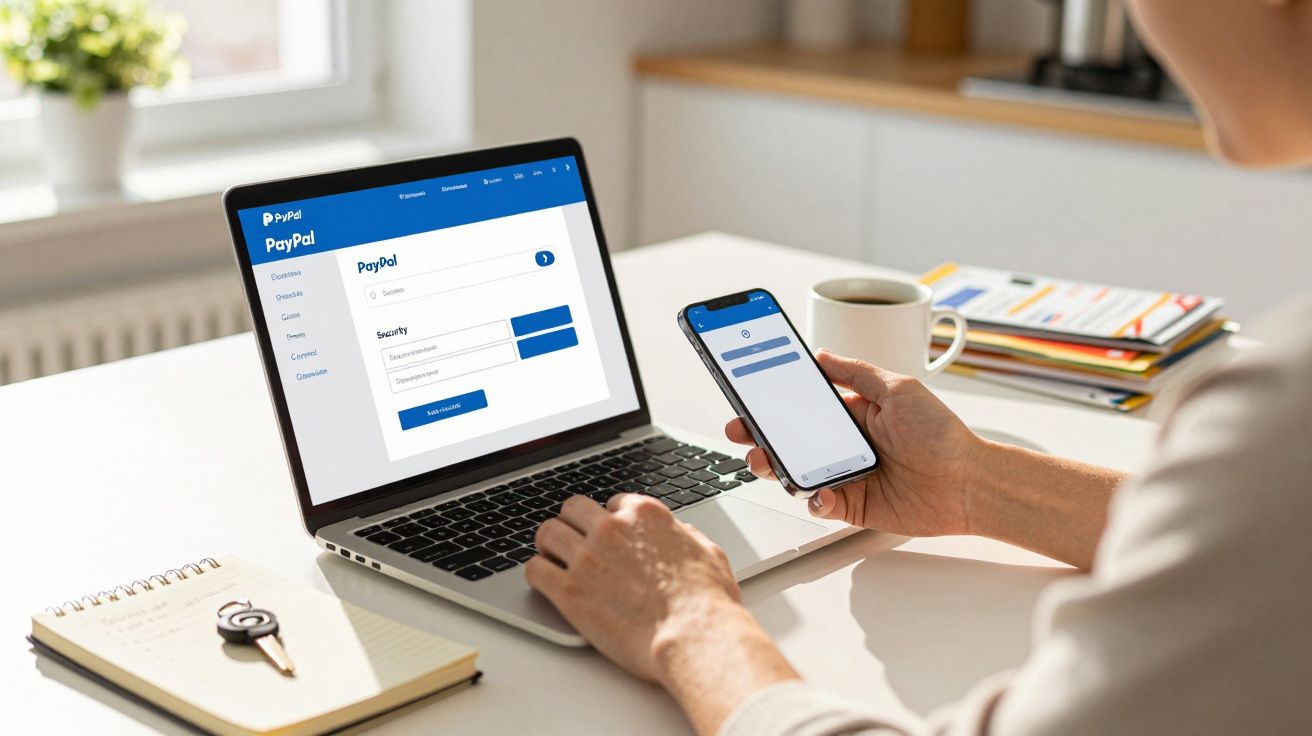 Persona usando un portátil y un móvil con la pantalla de PayPal, en una mesa con una libreta y una taza.