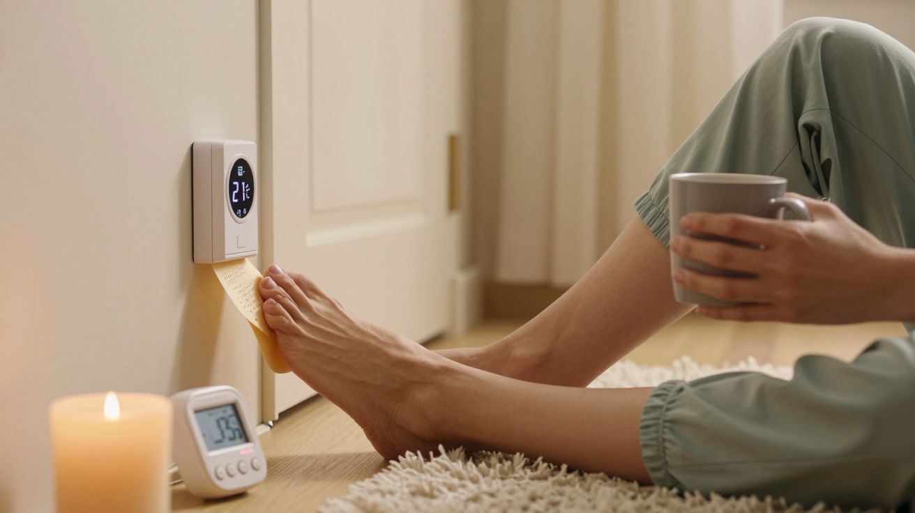 Persona con taza de café ajustando la calefacción con un pie, junto a una vela y un termómetro en el suelo.