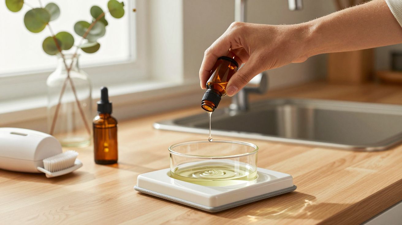 Mano vertiendo aceite en un recipiente de vidrio sobre una báscula en una cocina.