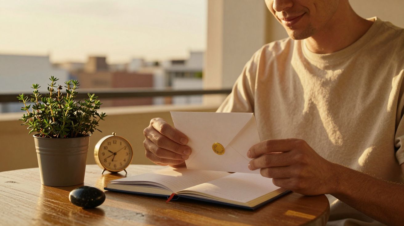 Hombre abre carta en balcón, junto a una planta, reloj y cuaderno. Ambientado al atardecer.