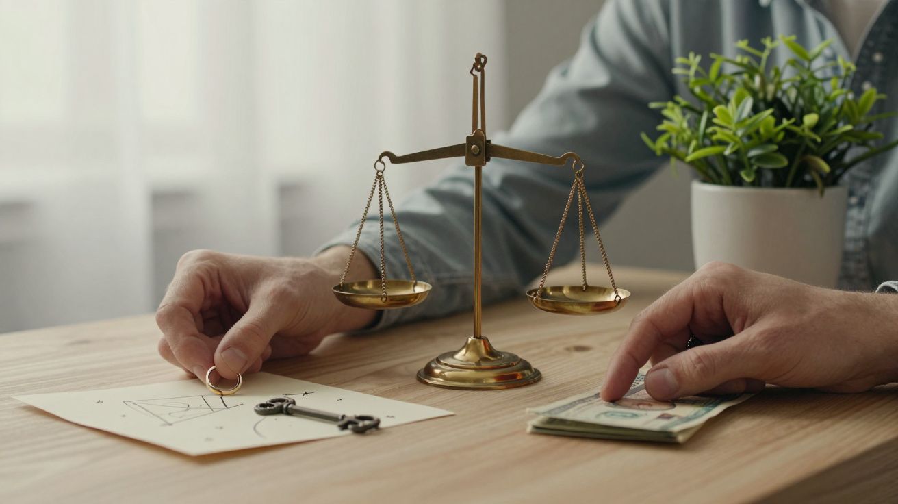 Manos junto a una balanza dorada sobre mesa, con llaves y billetes.