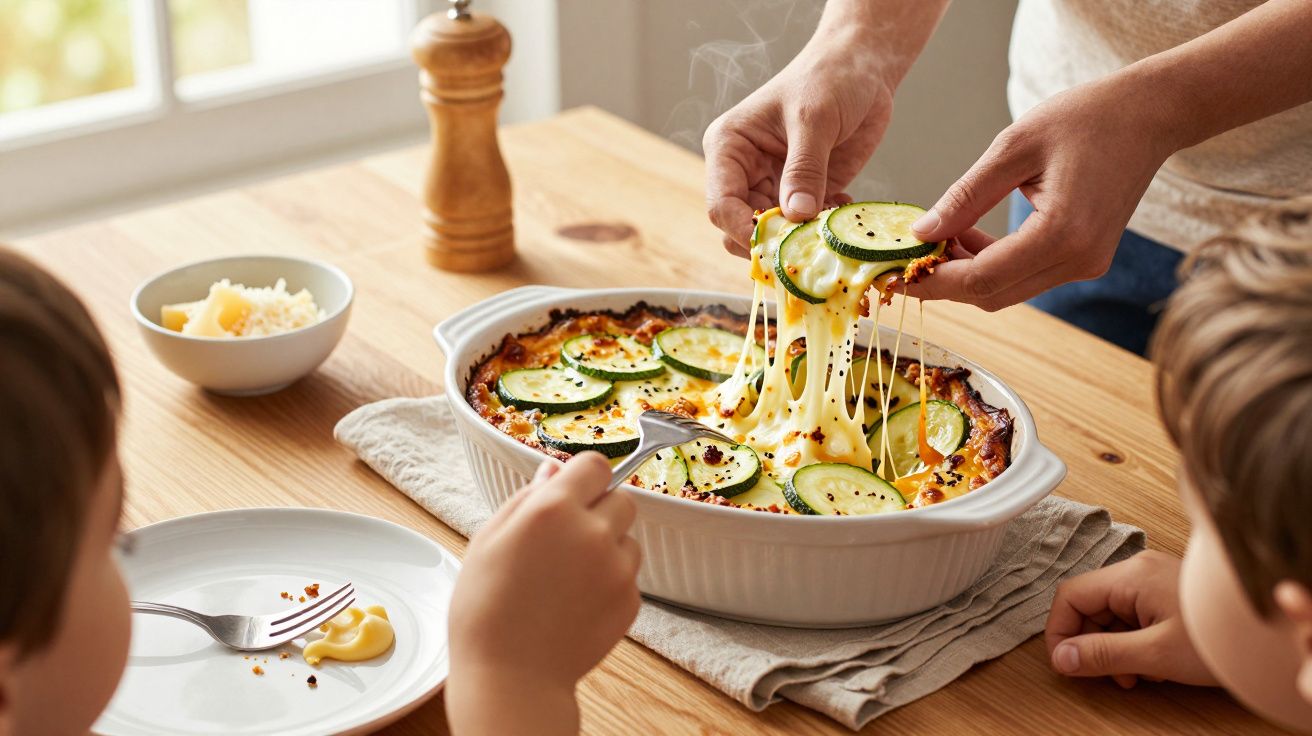 Manos sirviendo gratinado de calabacín con queso fundido en una mesa de madera, niños esperando con platos vacíos.