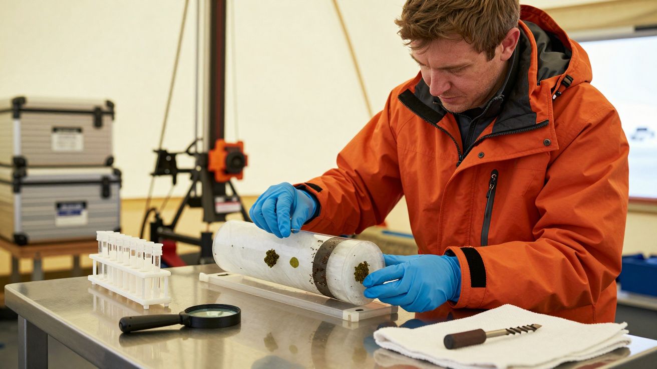 Hombre con chaqueta naranja examina un núcleo de hielo en un laboratorio con equipo científico.
