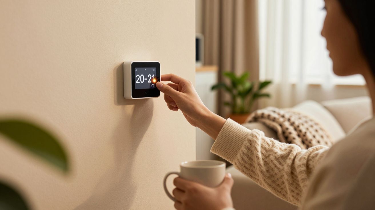 Persona ajustando un termostato digital en la pared, sosteniendo una taza, con un salón acogedor de fondo.