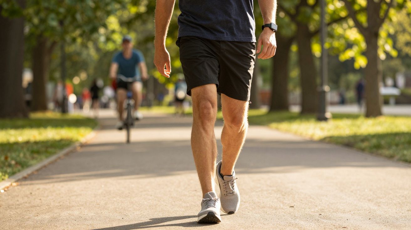 Persona caminando en un parque soleado, con ciclista de fondo.