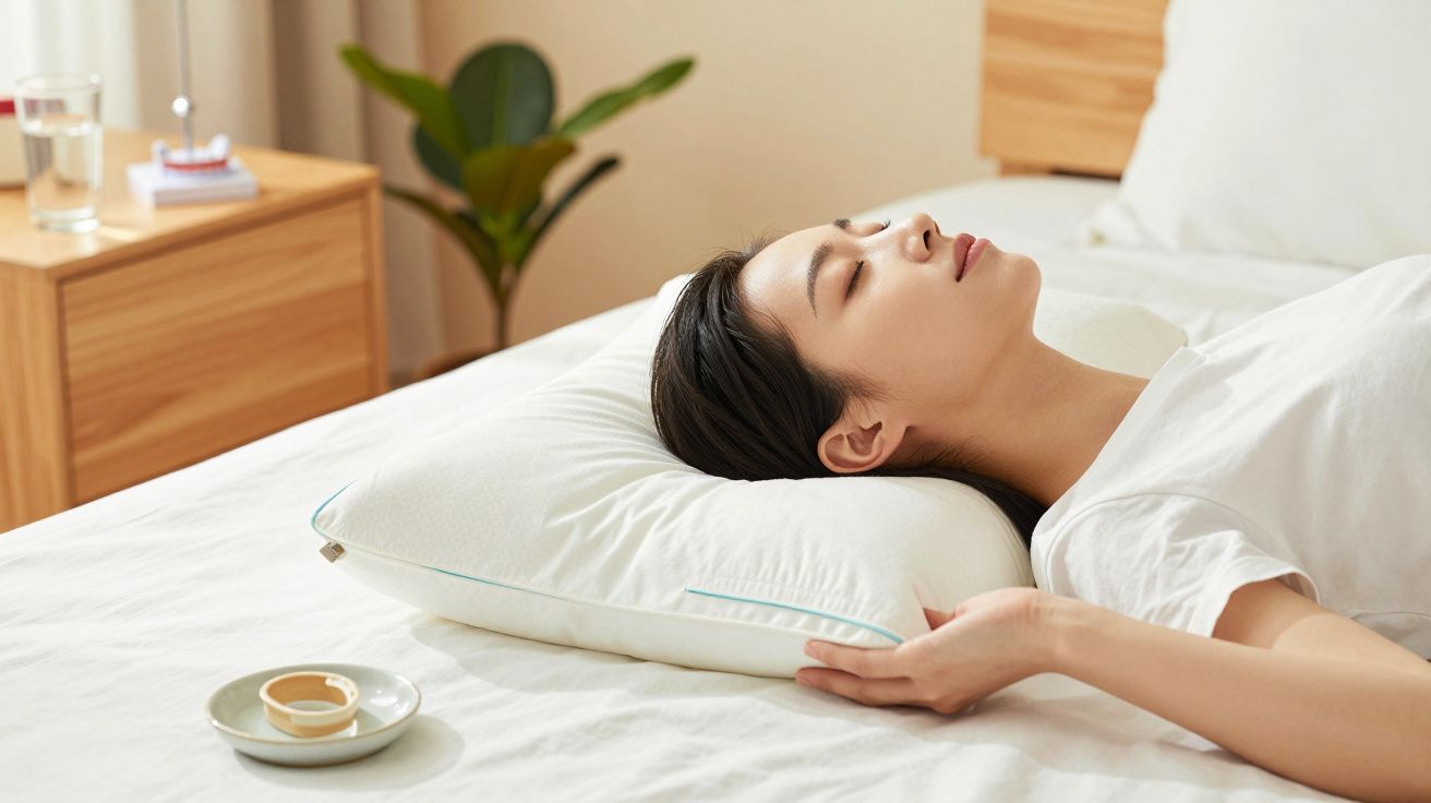 Mujer descansando en cama con almohada blanca, habitación luminosa y planta de fondo.
