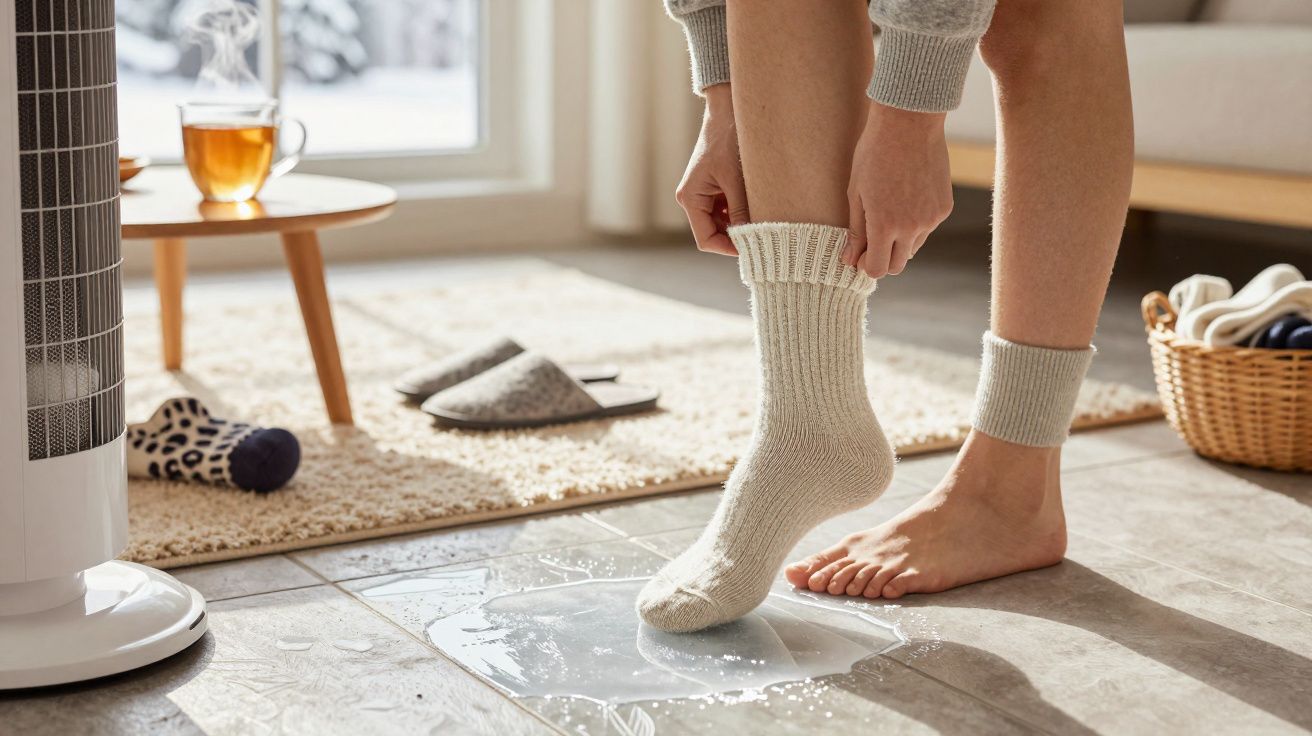 Persona poniéndose calcetín junto a charco de agua en suelo, calefactor, zapatillas y bebida caliente cerca.