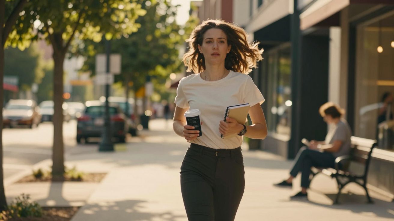 Mujer caminando por la acera con café y cuaderno, rodeada de árboles y tiendas bajo el sol.