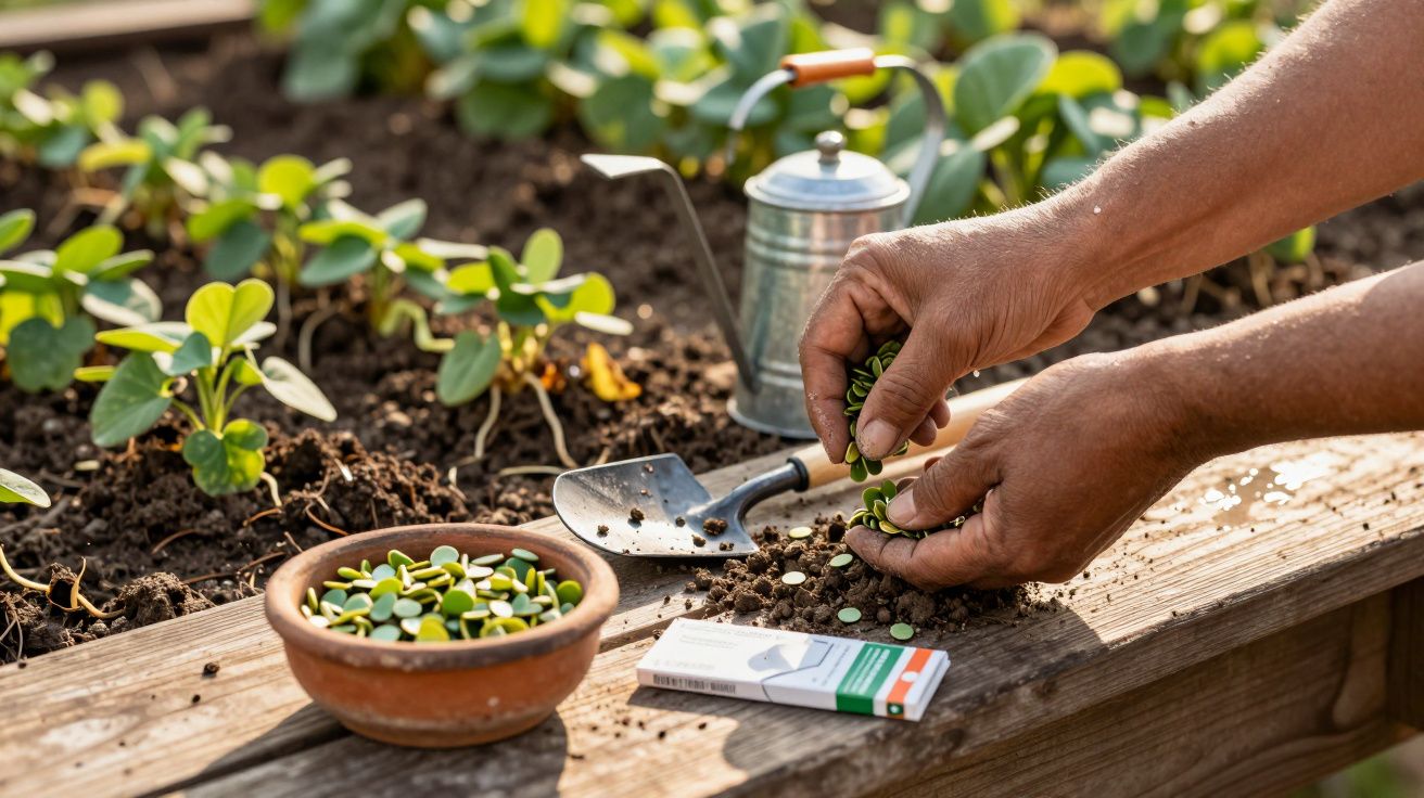Manos plantando semillas en un jardín, con regadera y plato de semillas en primer plano.
