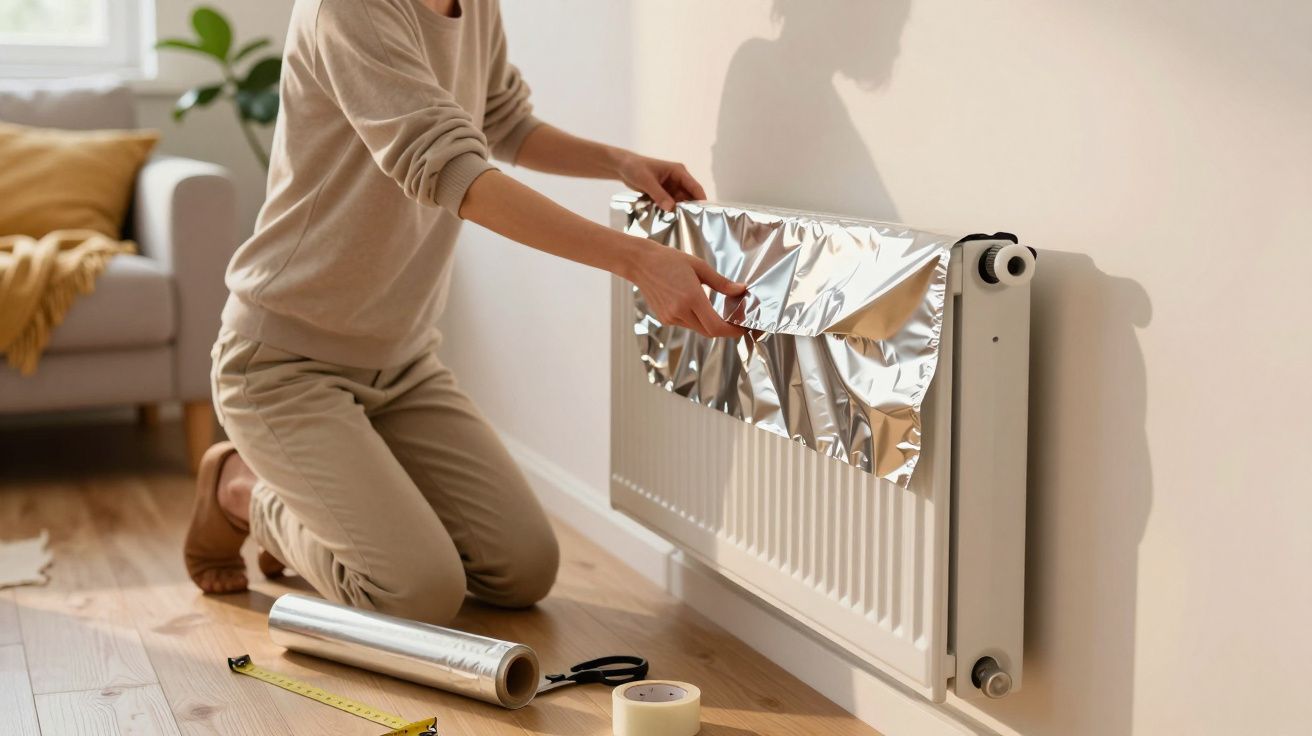 Persona colocando papel de aluminio en un radiador en una sala iluminada.