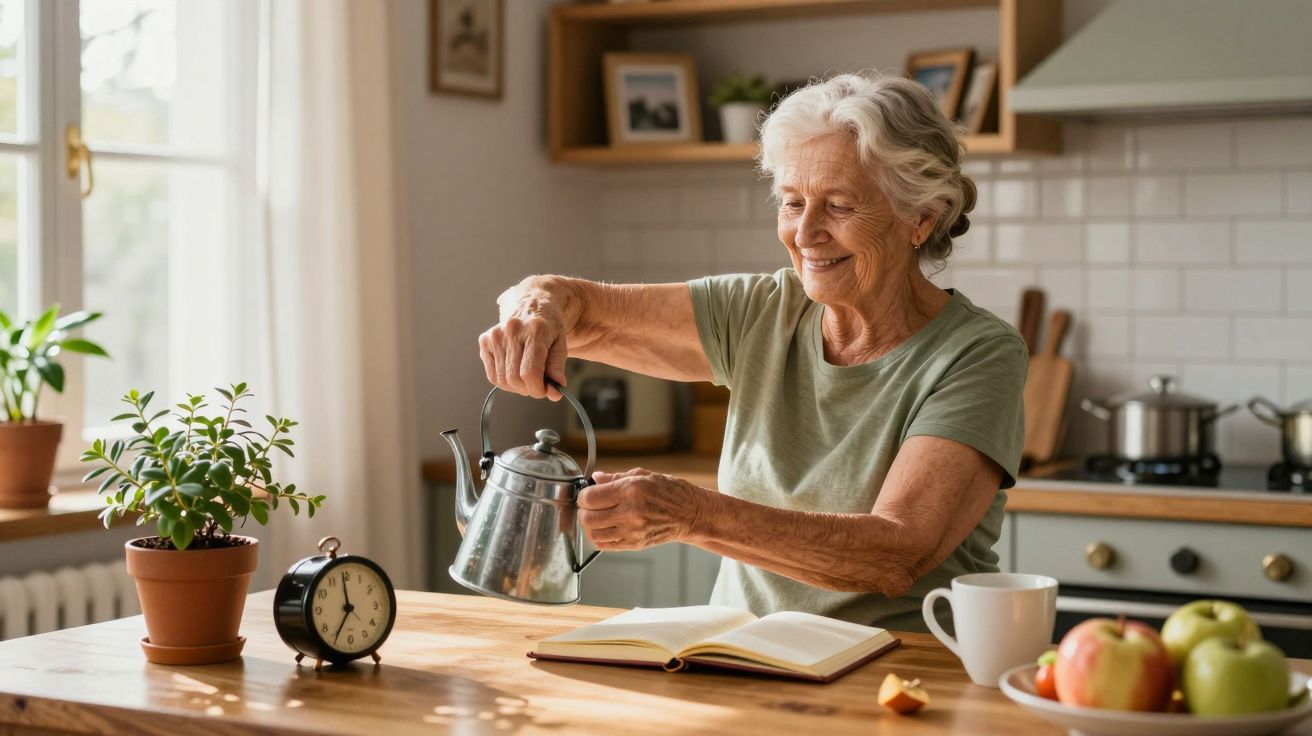 Mujer mayor sonriendo mientras vierte agua de tetera en cocina luminosa; reloj, plantas y frutas en la mesa.
