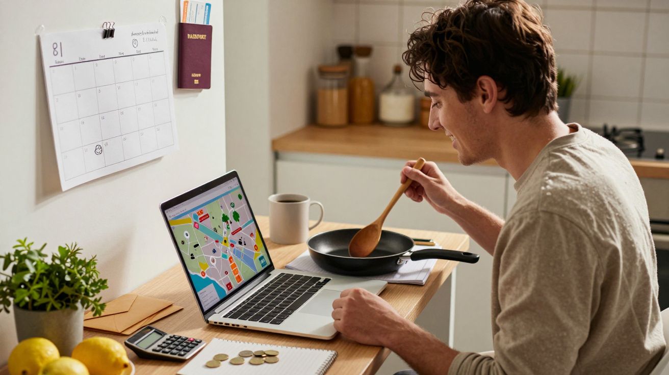 Hombre cocinando mientras trabaja con portátil en cocina, calendario y calculadora sobre la mesa.