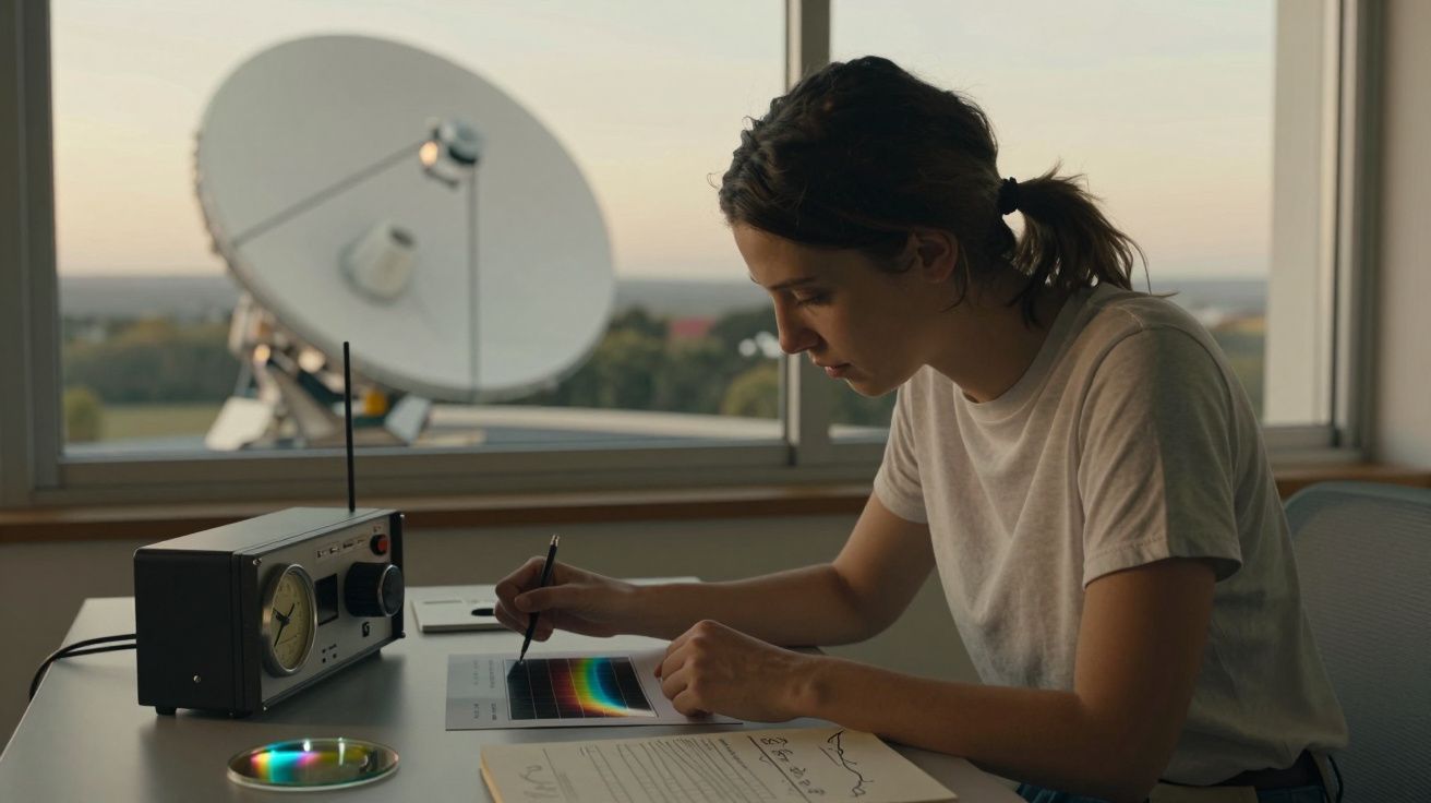 Mujer escribiendo en un escritorio con gráficos de espectros y una antena parabólica visible por la ventana.