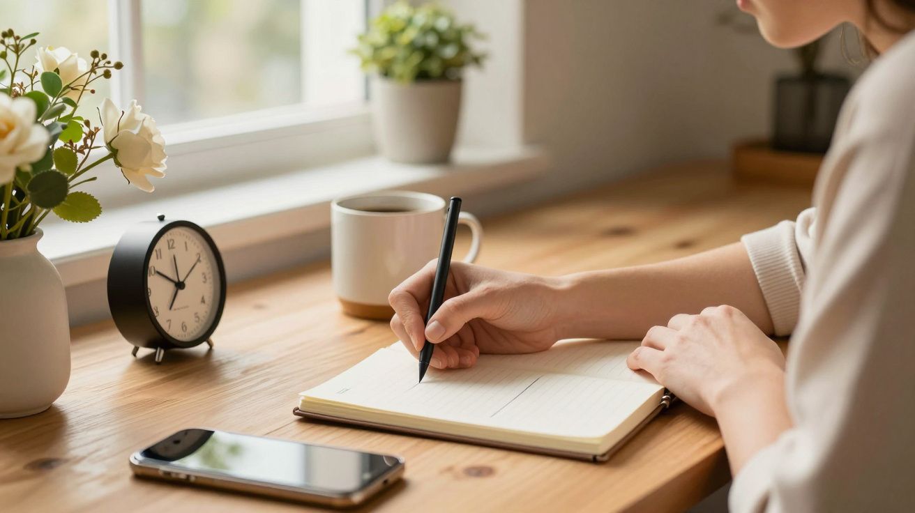 Persona escribiendo en un cuaderno en escritorio de madera, con taza, reloj y móvil cerca de una ventana.