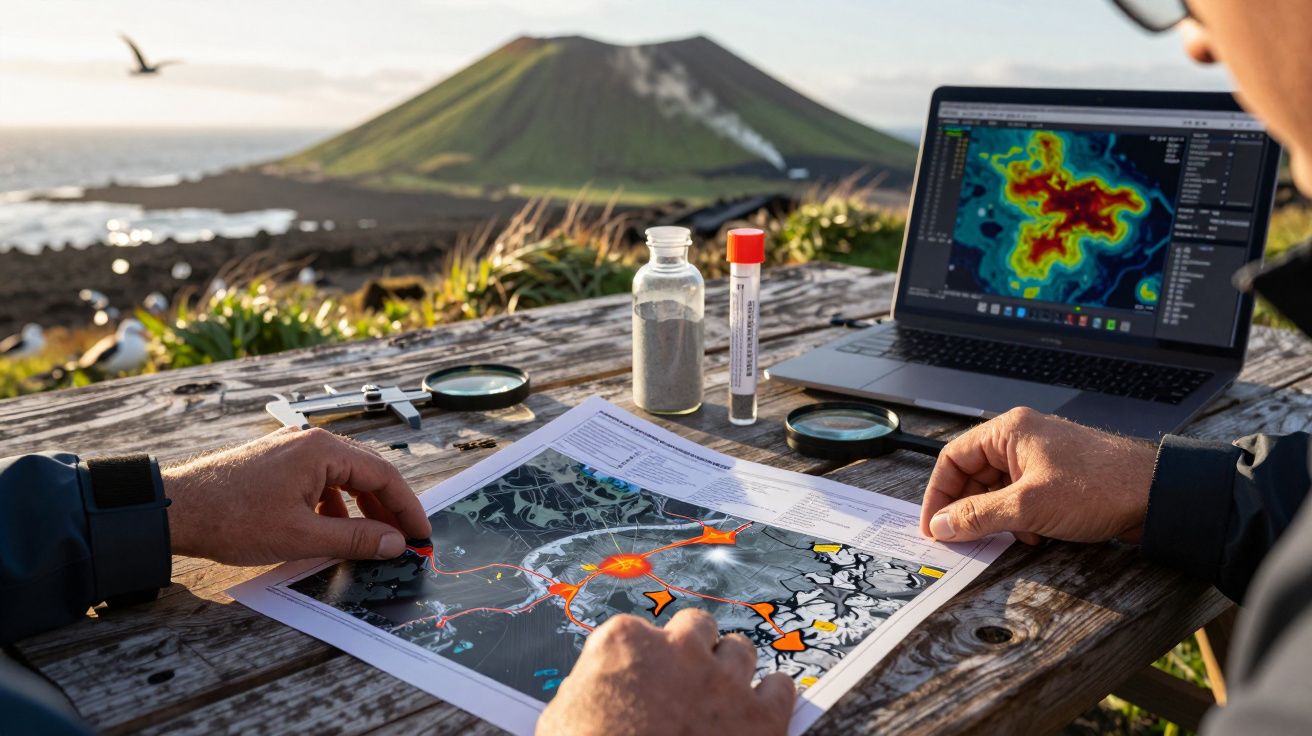 Manos revisando mapas volcánicos sobre una mesa al aire libre, con ordenador portátil y volcán de fondo.