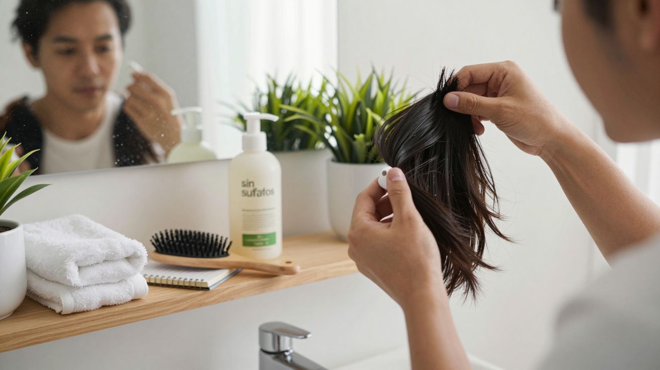 Persona revisando su cabello frente al espejo en un baño, con productos y plantas en el estante.