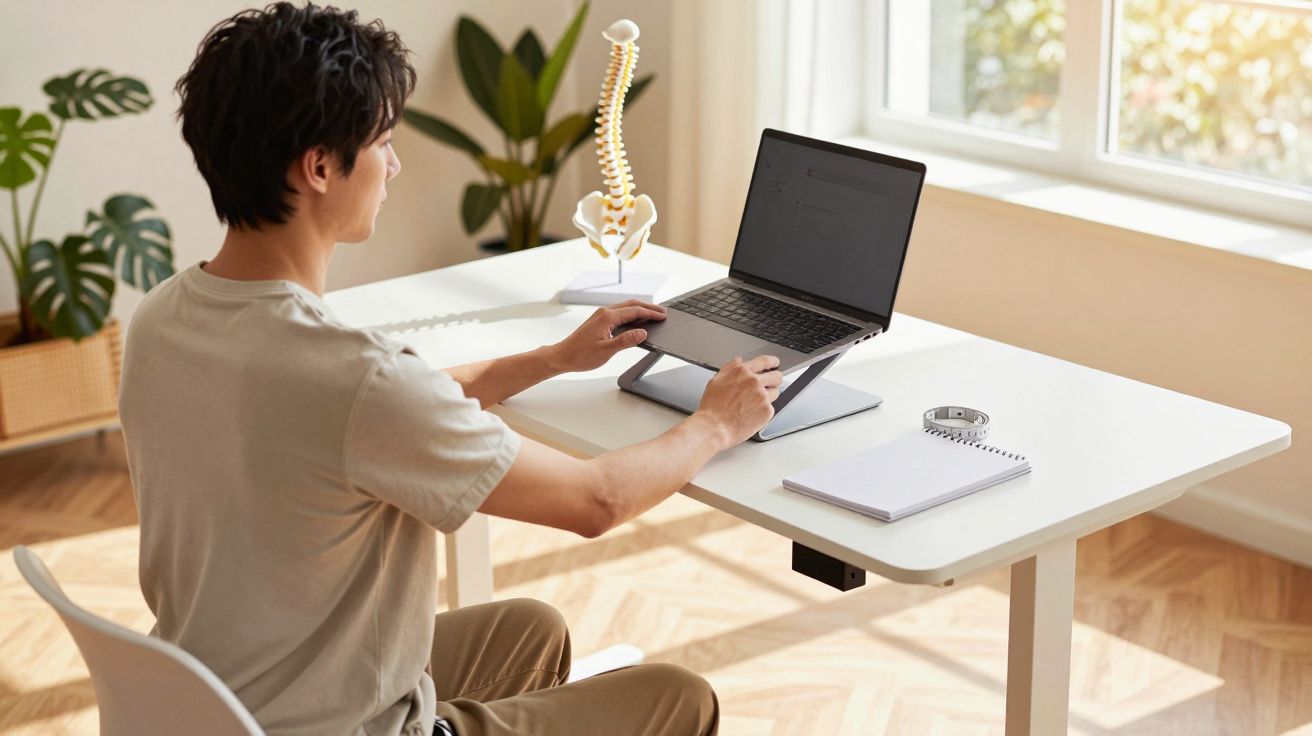 Hombre trabajando en un portátil en una mesa blanca con cuaderno, anillo y planta cerca de una ventana luminosa.