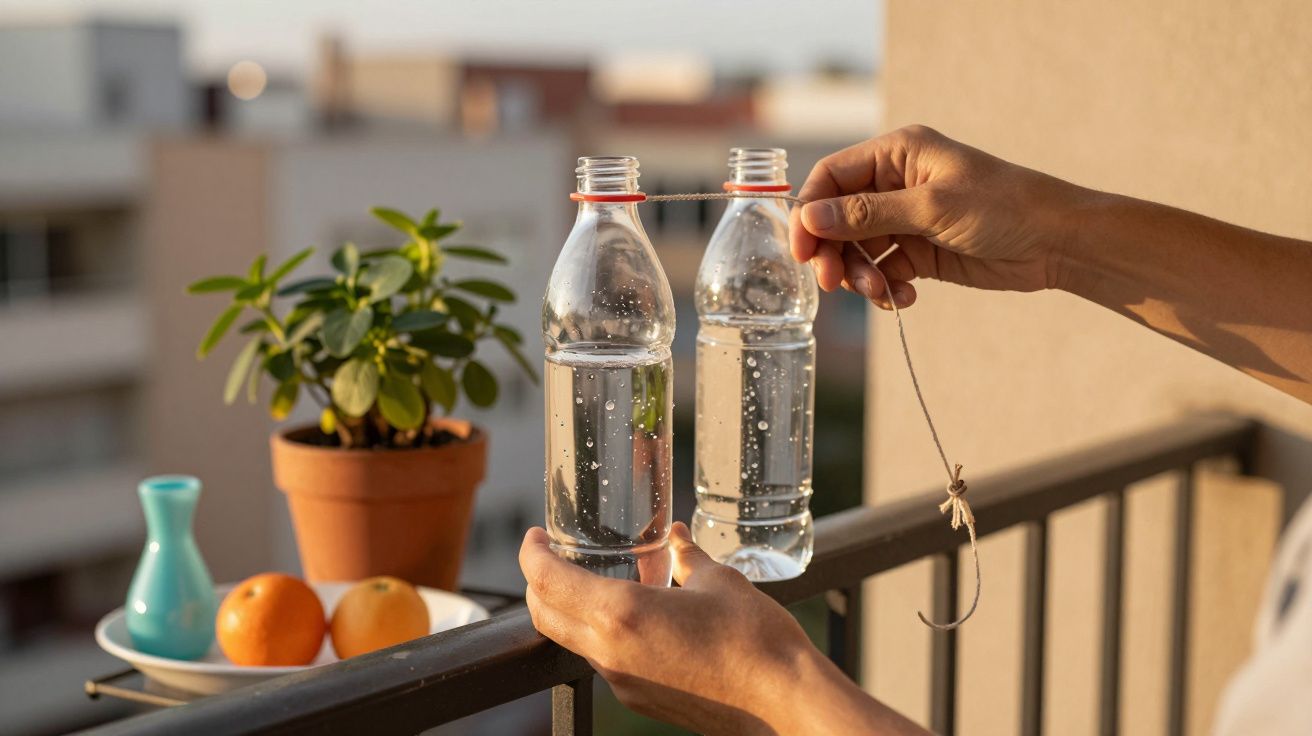 Manos experimentando con botellas de agua conectadas por un hilo en un balcón, junto a una maceta y dos naranjas.