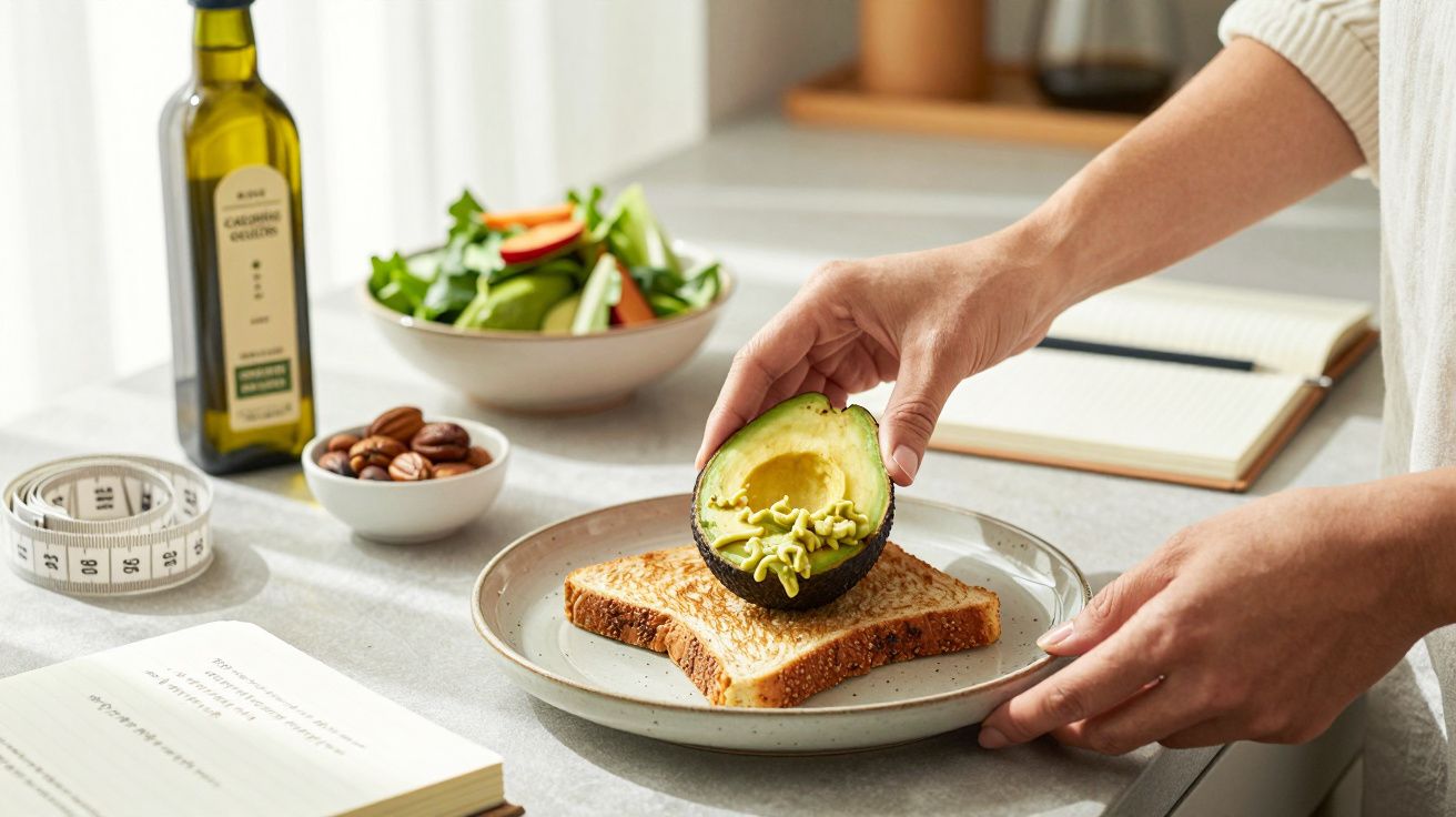 Manos preparando tostada de aguacate junto a ingredientes como ensalada, nueces y aceite de oliva sobre una mesa.