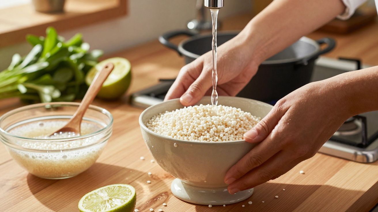 Manos lavando bol de bolitas blancas en la cocina, con un bol y lima cerca.
