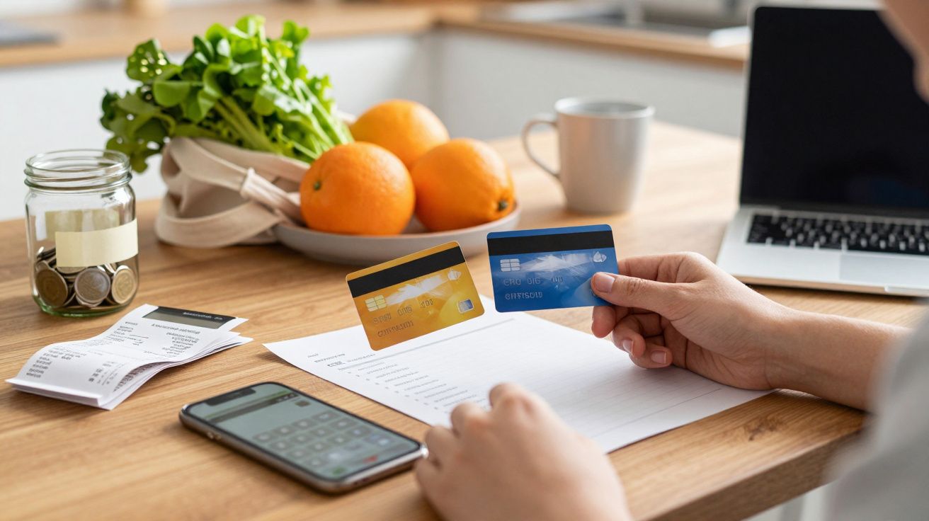 Persona comparando tarjetas de crédito en una mesa con frutas, calculadora, portátil y jarra de monedas.
