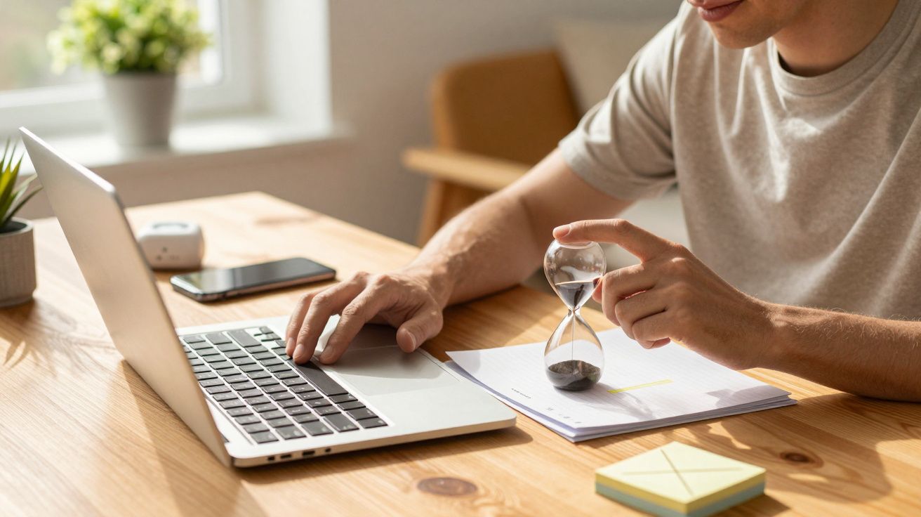 Persona usando portátil y sosteniendo reloj de arena en una mesa con luz natural desde la ventana cercana.