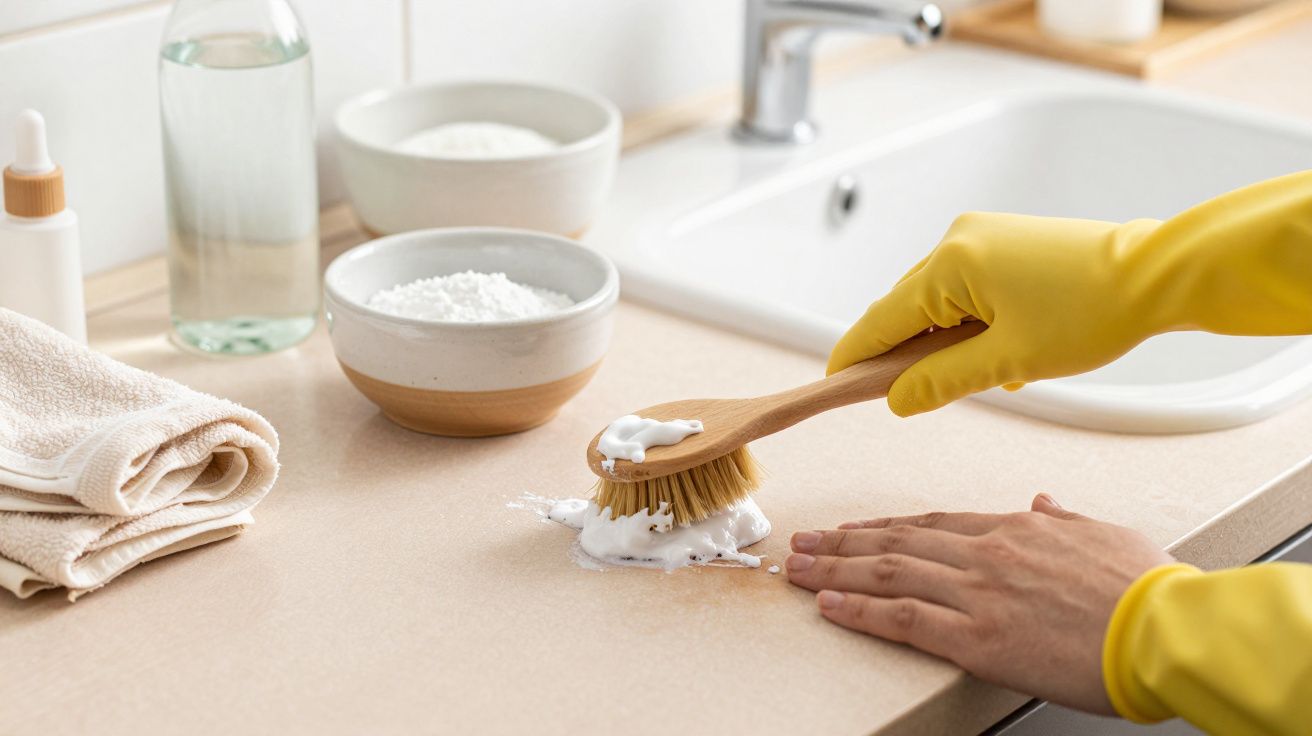 Persona con guantes amarillos limpia la encimera de la cocina con un cepillo y espuma.