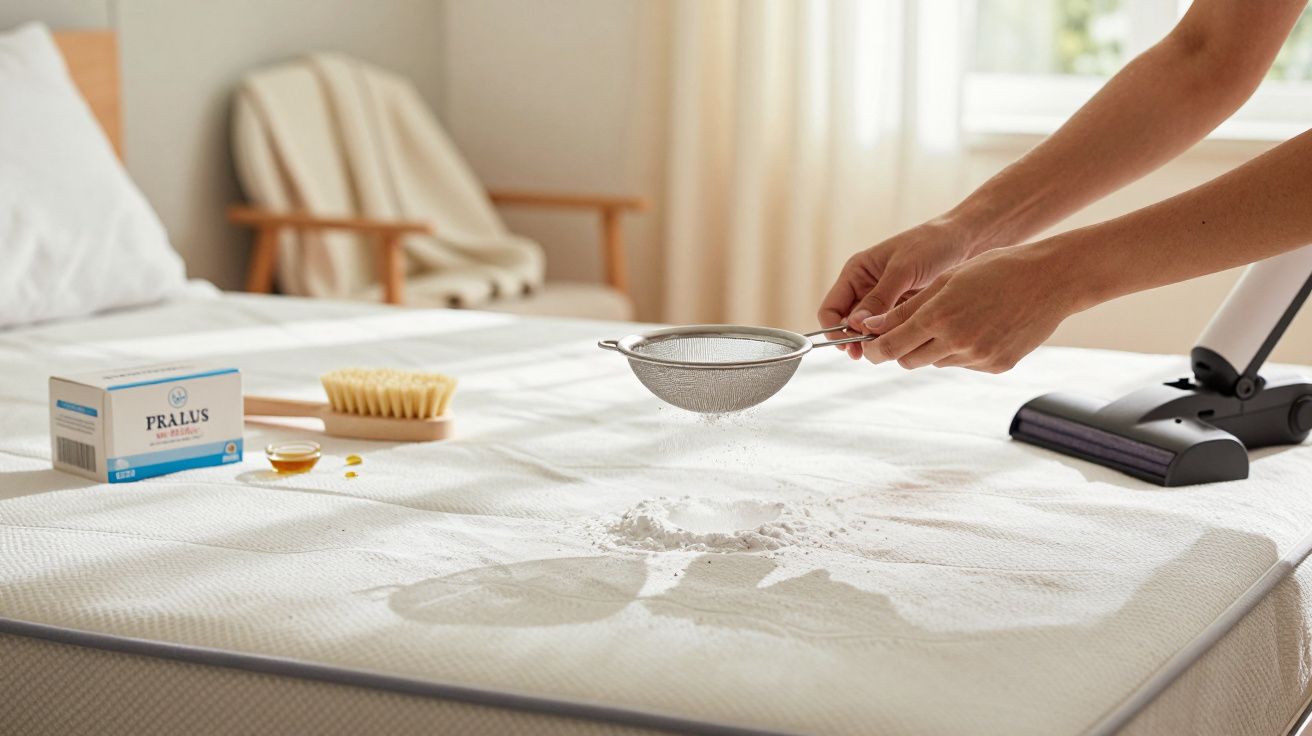 Manos espolvoreando polvo en un colchón con colador. Se ven una caja, cepillo y aspiradora cerca.