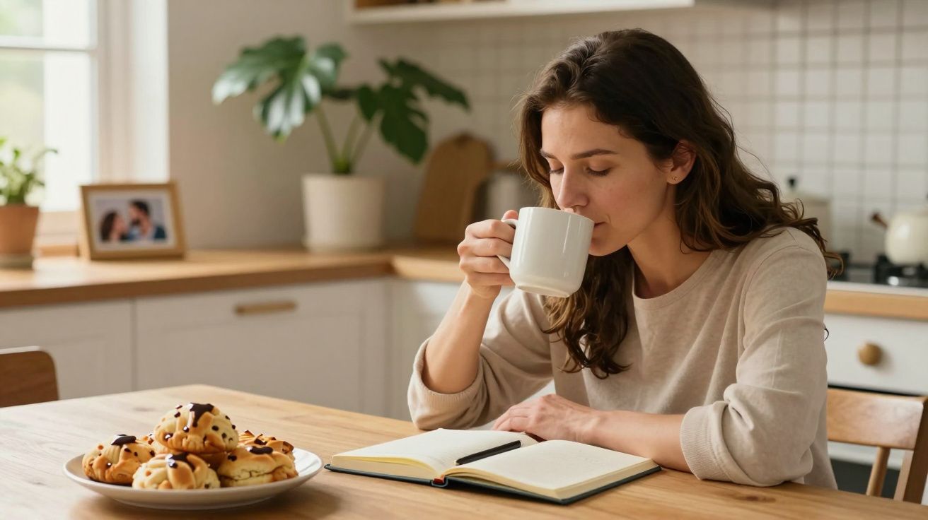 Mujer tomando café y leyendo en la cocina, con platos de bollos al frente y una planta de fondo.