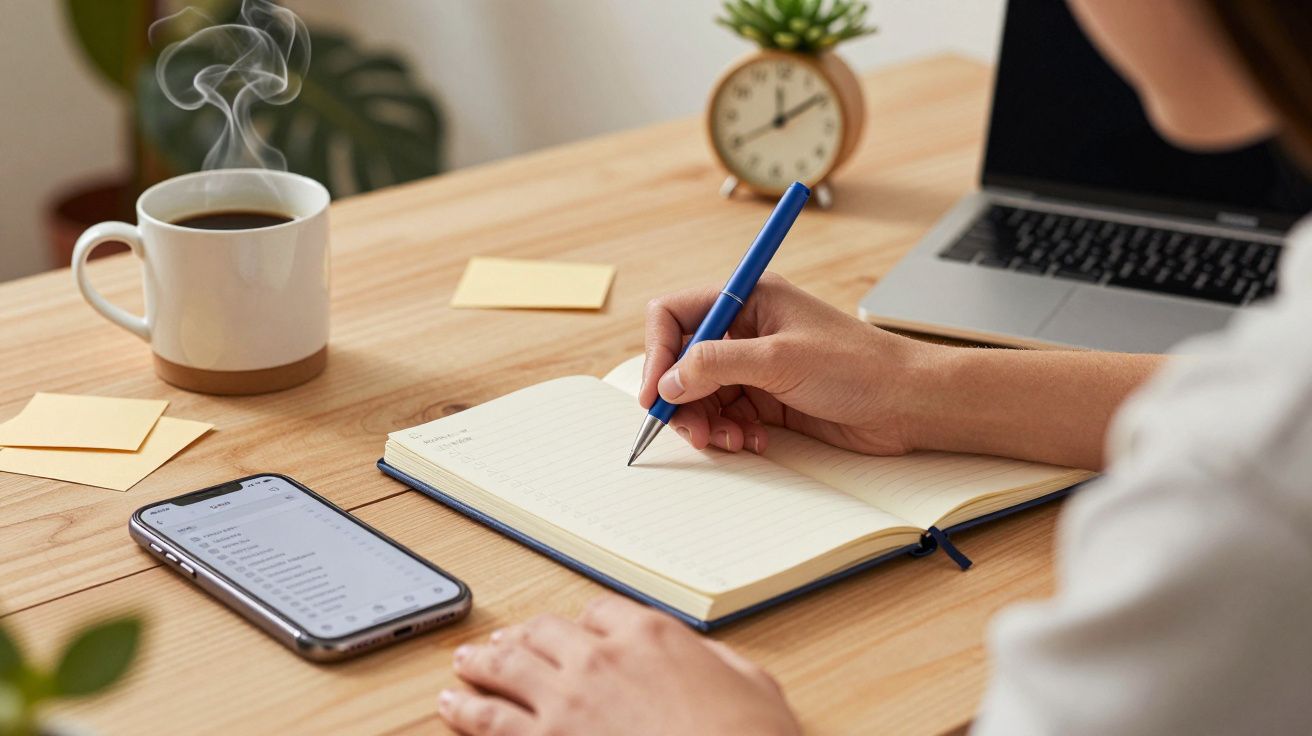 Persona escribiendo en un cuaderno en una mesa con portátil, café y móvil.