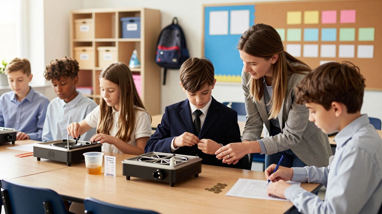 Niños en aula realizan experimento con ayuda de una profesora. Equipos y materiales sobre mesas compartidas.