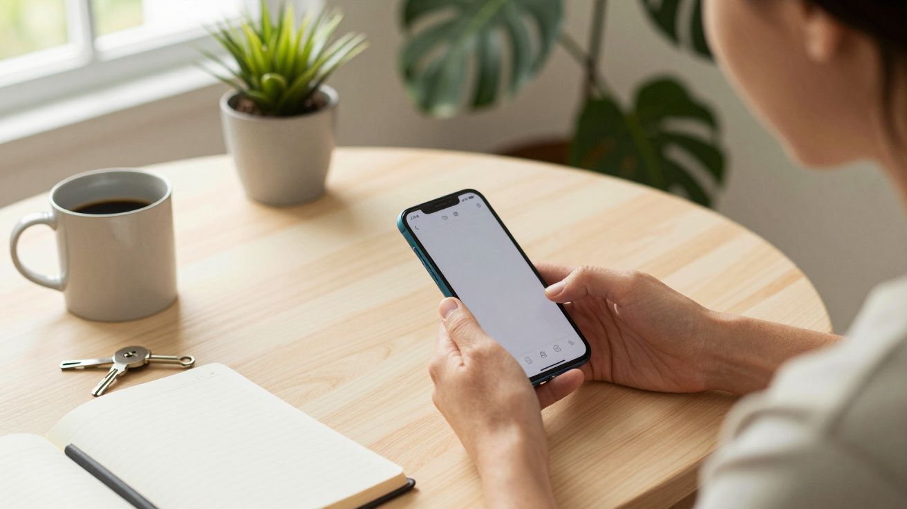 Persona usando un teléfono móvil en una mesa con taza de café, llaves, cuaderno y planta.