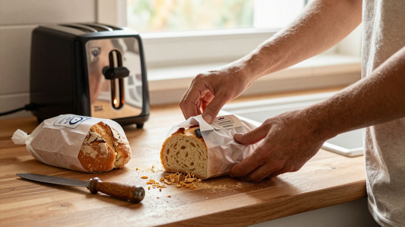 Persona desempaqueta pan fresco sobre una encimera de madera, al lado de una tostadora negra y un cuchillo.