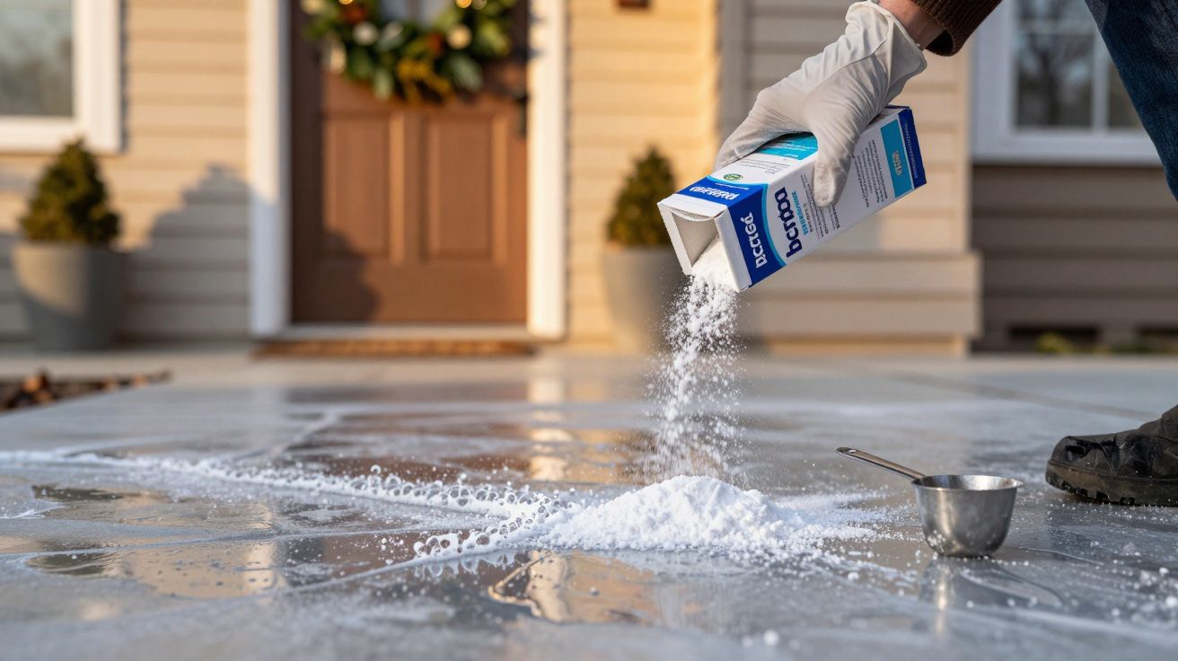 Persona vertiendo sal en un camino helado enfrente de una casa decorada para Navidad.