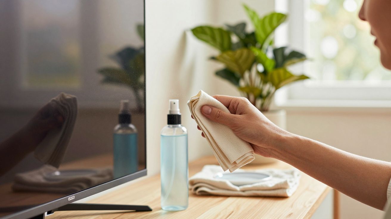 Persona limpiando una pantalla de televisión con un paño, junto a un bote de spray sobre una mesa de madera.