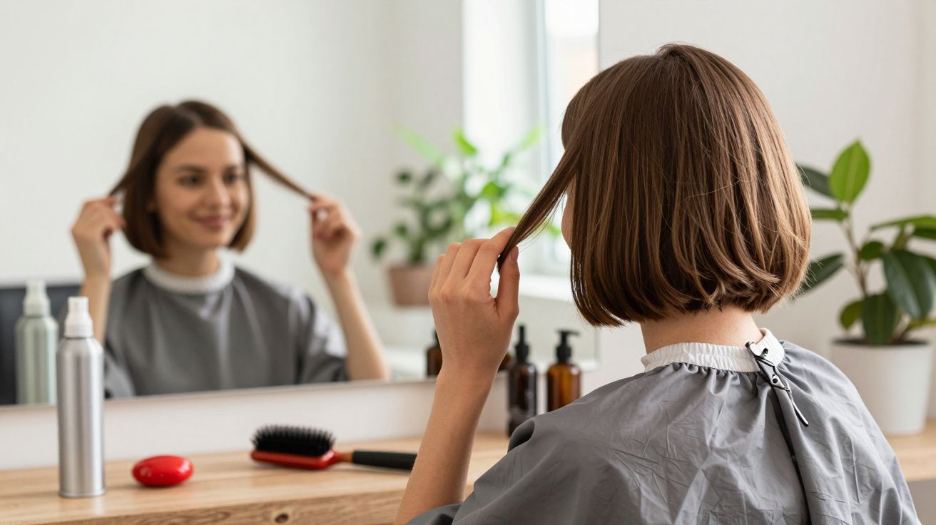 Mujer con el pelo corto se mira al espejo en un salón de belleza, rodeada de productos para el cabello y plantas.