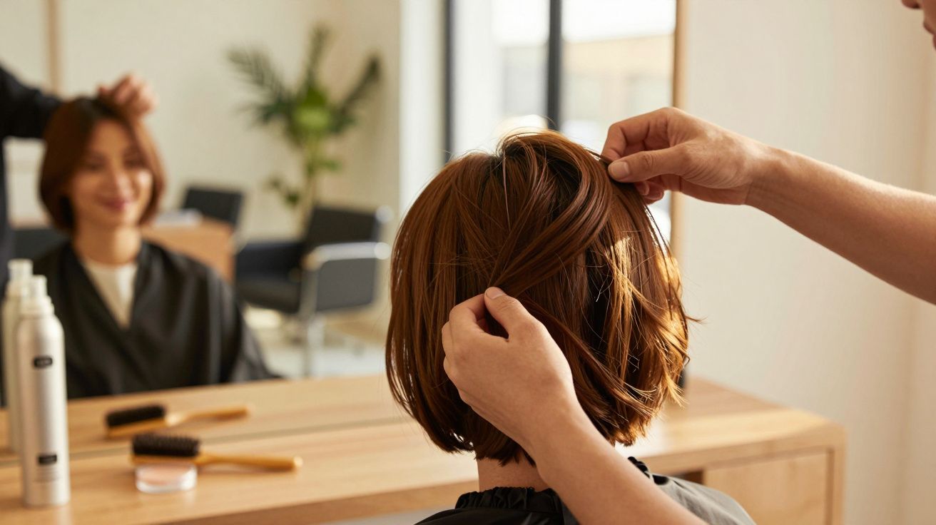 Persona peinando a una mujer de cabello castaño corto frente a un espejo en una peluquería iluminada.