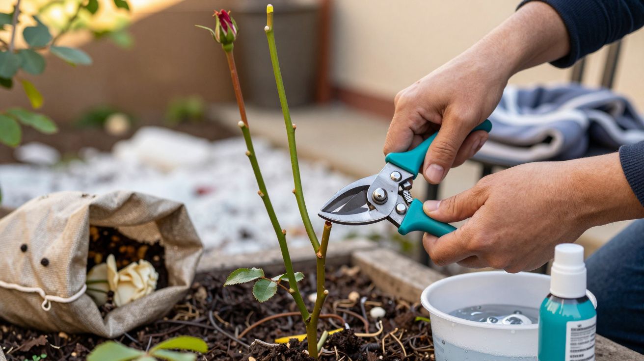 Personas podando un rosal con tijeras de jardinería, junto a un cubo de agua y una bolsa de tierra en el jardín.